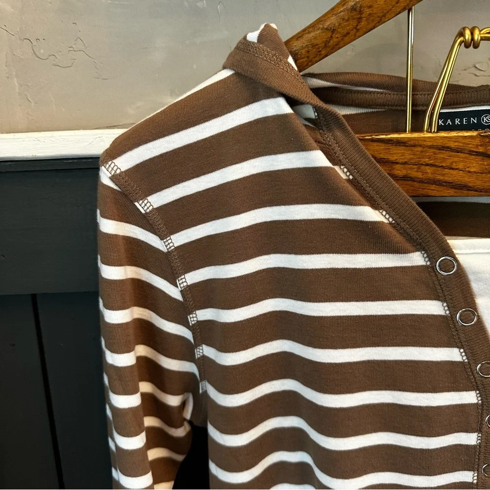 Karen Scott Sport Woman's Cotton White & Tan Striped With Hood Size M - Picture 4 of 11
